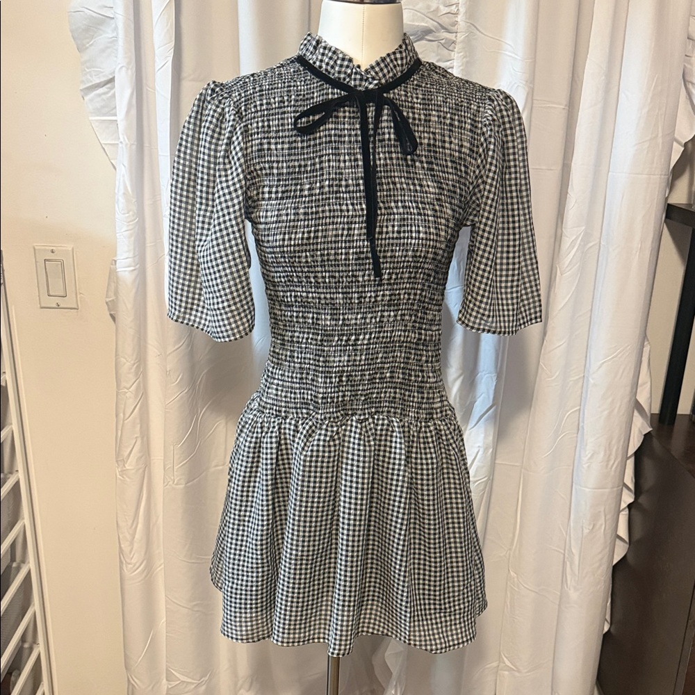GANNI Women's Sheer Fluid Check Mini Smock Dress size 36 euro 6US